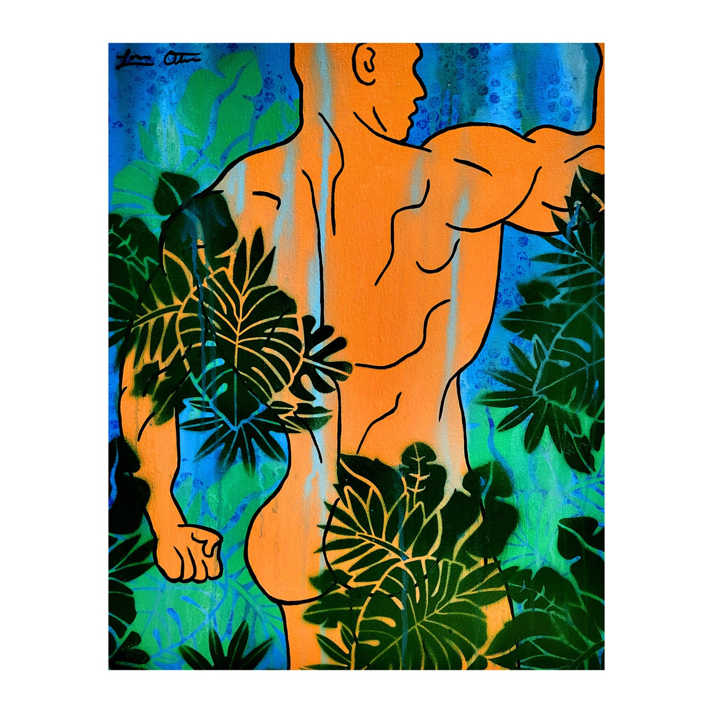 "Man Showering in Rainforest" Original Painting image 1